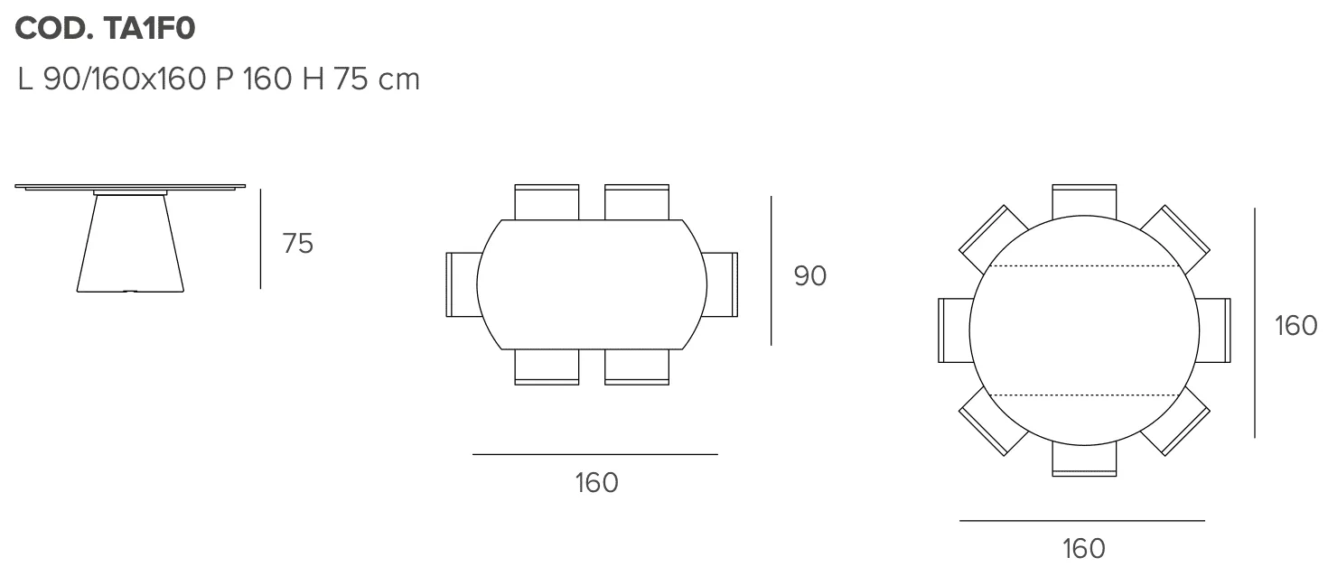 Размеры стола Target Point Tay, 90(160)x160 см, TA1F0